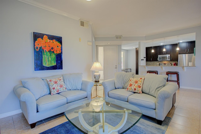 living room with light tile patterned flooring and crown molding