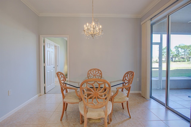 tiled dining area with crown molding and an inviting chandelier