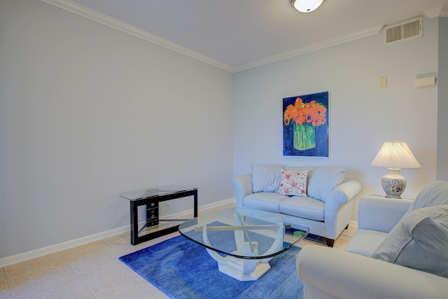 living room featuring tile patterned floors and ornamental molding