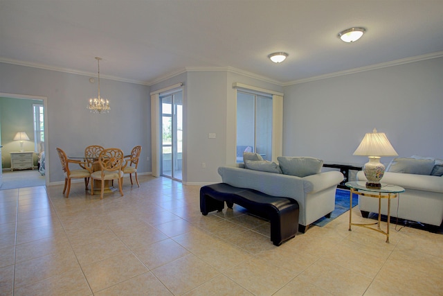 living room featuring light tile patterned floors, a notable chandelier, and ornamental molding