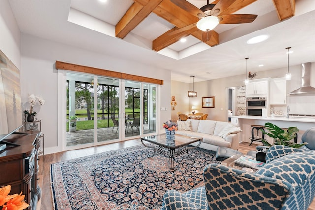 213 Pescado Dr, Saint Augustine, FL 32095 - living area featuring wood finished floors, ceiling fan, recessed lighting, beam ceiling, and coffered ceiling