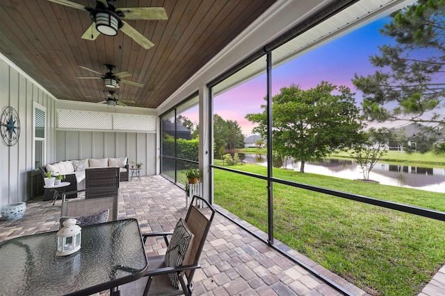 213 Pescado Dr, Saint Augustine, FL 32095 - sunroom / solarium featuring a water view, a ceiling fan, and an outdoor living space
