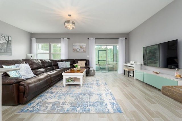 living room with a chandelier, a wealth of natural light, and light hardwood / wood-style flooring