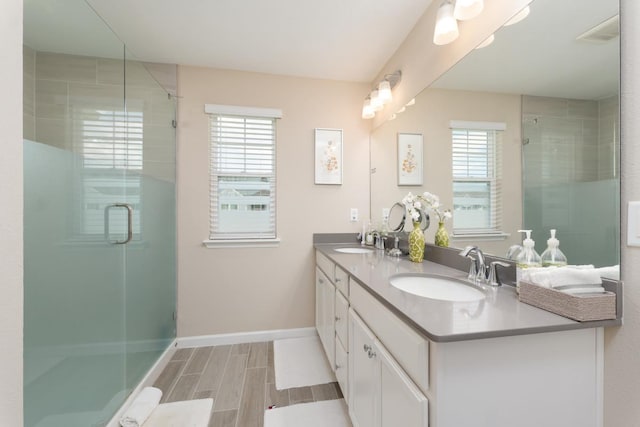 bathroom featuring plenty of natural light, vanity, and an enclosed shower