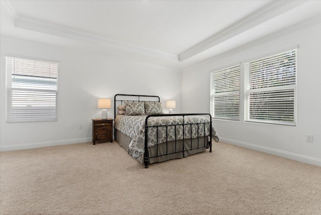 bedroom with light colored carpet, ornamental molding, and a raised ceiling