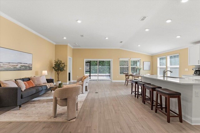 living room with sink, crown molding, vaulted ceiling, and light hardwood / wood-style floors