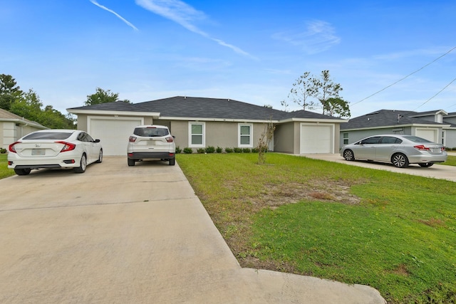 single story home with a front lawn and a garage