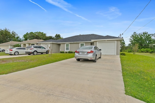 ranch-style home featuring a garage and a front yard