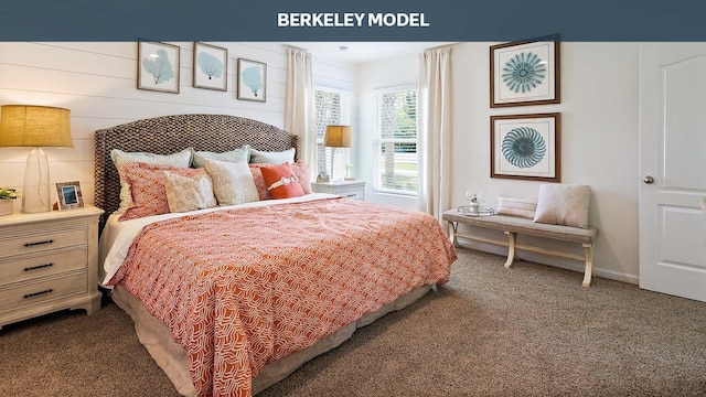 bedroom featuring carpet flooring and wood walls