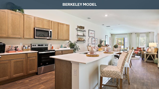 kitchen with a kitchen breakfast bar, dark hardwood / wood-style flooring, stainless steel appliances, sink, and a center island with sink