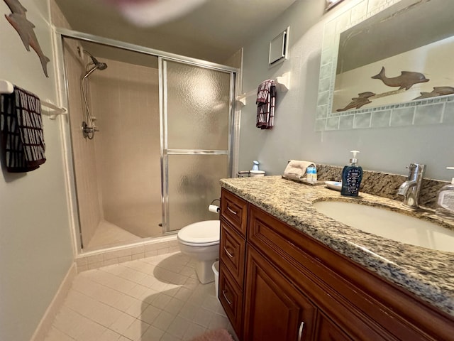 bathroom with tile patterned flooring, vanity, toilet, and walk in shower