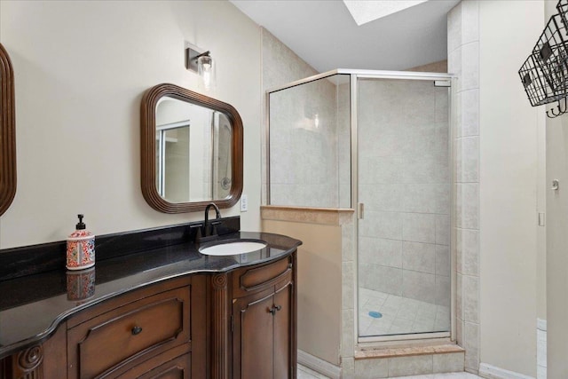 4053 Red Pine Ln, Saint Augustine, FL 32086 - full bathroom with vanity, a stall shower, and a skylight