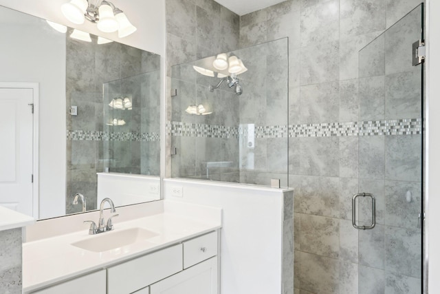 295 Deerfield Meadows Cir, Saint Augustine, FL 32086 - full bath with a shower stall, vanity, and a chandelier