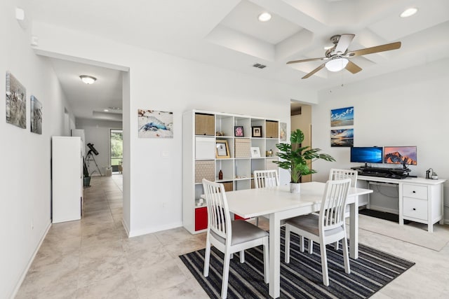 295 Deerfield Meadows Cir, Saint Augustine, FL 32086 - dining space featuring coffered ceiling, ceiling fan, recessed lighting, and beamed ceiling