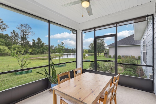 295 Deerfield Meadows Cir, Saint Augustine, FL 32086 - sunroom / solarium featuring a water view, a ceiling fan, and view of scattered trees