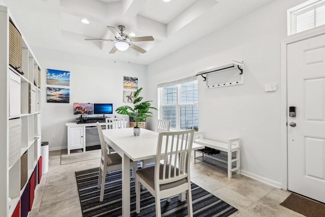 295 Deerfield Meadows Cir, Saint Augustine, FL 32086 - dining room with coffered ceiling, a ceiling fan, beamed ceiling, and recessed lighting