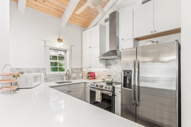 48 Osceola St, Saint Augustine, FL 32084 - kitchen with wood ceiling, a sink, stainless steel appliances, lofted ceiling with beams, and wall chimney range hood