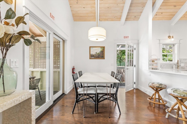 48 Osceola St, Saint Augustine, FL 32084 - dining space with baseboards, dark wood finished floors, vaulted ceiling with beams, and wooden ceiling