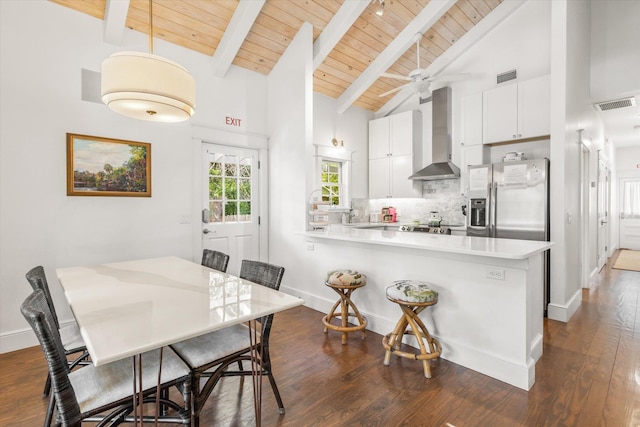 48 Osceola St, Saint Augustine, FL 32084 - kitchen with wall chimney range hood, stainless steel fridge with ice dispenser, visible vents, and wooden ceiling