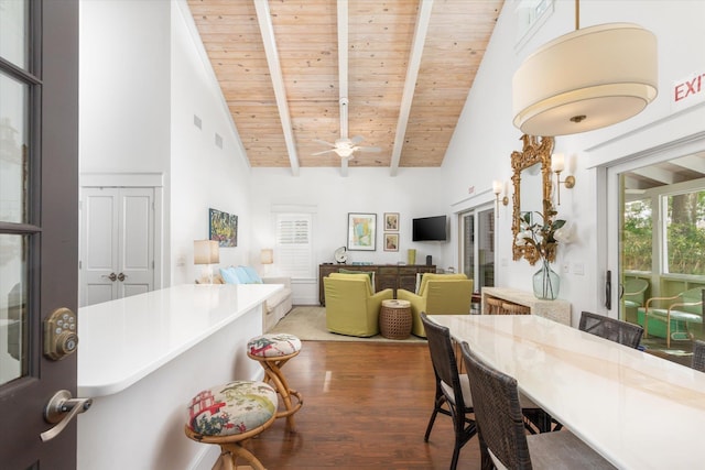 48 Osceola St, Saint Augustine, FL 32084 - dining area with wood ceiling, wood finished floors, a ceiling fan, high vaulted ceiling, and beam ceiling