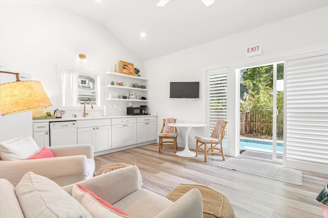 48 Osceola St, Saint Augustine, FL 32084 - living area featuring high vaulted ceiling, light wood-type flooring, a ceiling fan, and recessed lighting