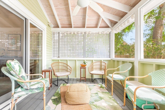 48 Osceola St, Saint Augustine, FL 32084 - sunroom featuring wooden ceiling, ceiling fan, plenty of natural light, and vaulted ceiling with beams