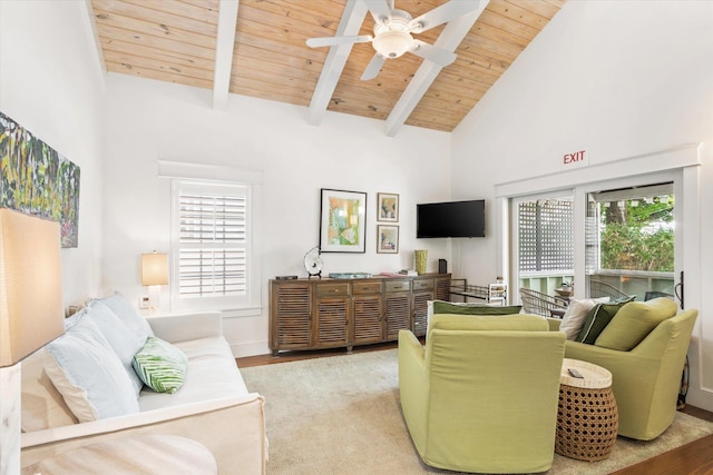 48 Osceola St, Saint Augustine, FL 32084 - living room featuring wood ceiling, wood finished floors, high vaulted ceiling, beam ceiling, and ceiling fan