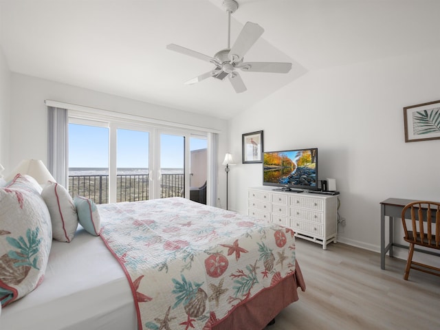 bedroom featuring ceiling fan, access to exterior, lofted ceiling, and light hardwood / wood-style flooring