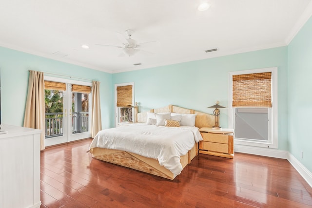 bedroom with access to outside, ceiling fan, ornamental molding, and dark hardwood / wood-style floors