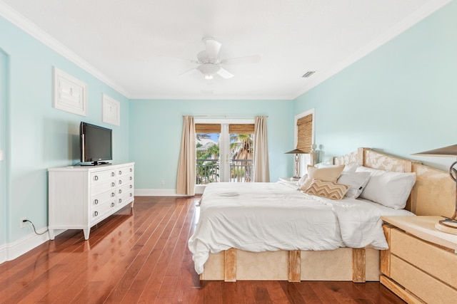 bedroom with access to exterior, ceiling fan, wood-type flooring, and ornamental molding