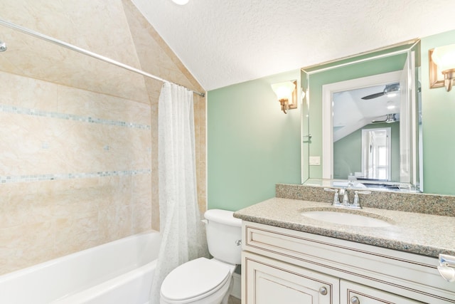 full bathroom featuring vanity, lofted ceiling, toilet, a textured ceiling, and shower / tub combo