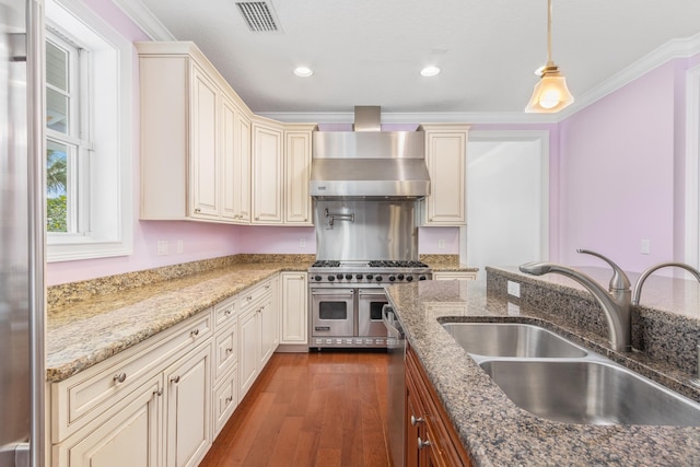 kitchen with light stone countertops, appliances with stainless steel finishes, sink, wall chimney range hood, and hanging light fixtures