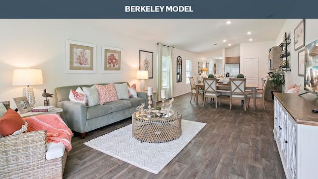 living room with dark hardwood / wood-style floors and lofted ceiling