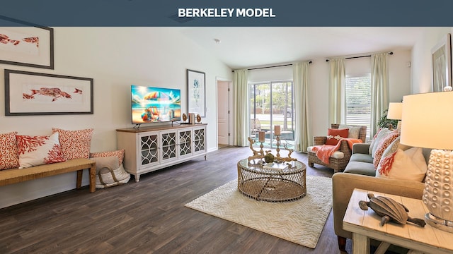 living room with dark hardwood / wood-style floors and vaulted ceiling