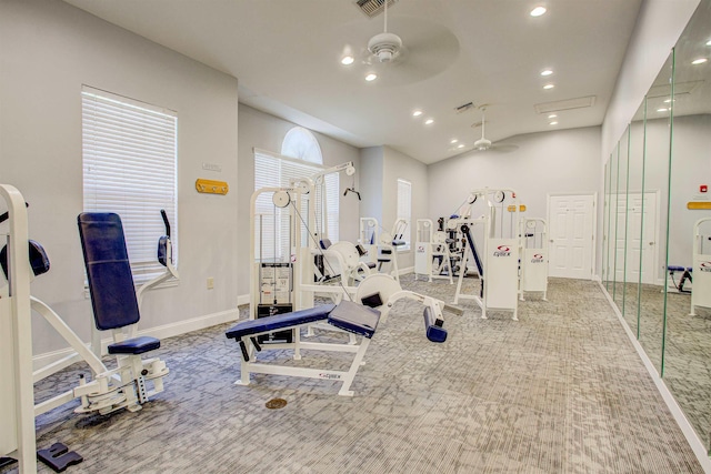 exercise room featuring carpet and ceiling fan