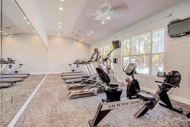 workout area with ceiling fan, lofted ceiling, and carpet floors