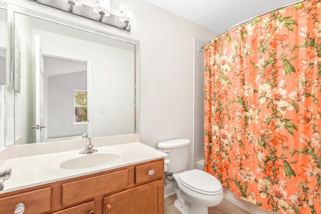 full bathroom with a textured ceiling, vanity, toilet, and shower / bath combination with curtain