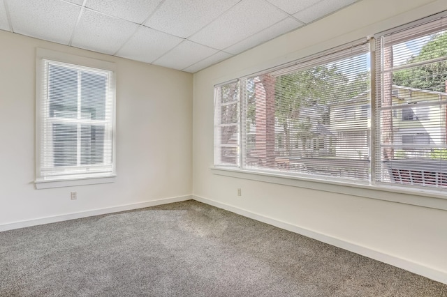 carpeted spare room featuring a drop ceiling