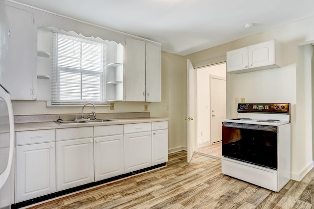 kitchen with white cabinetry, light hardwood / wood-style floors, sink, and electric range