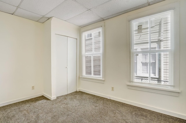 carpeted empty room featuring a drop ceiling