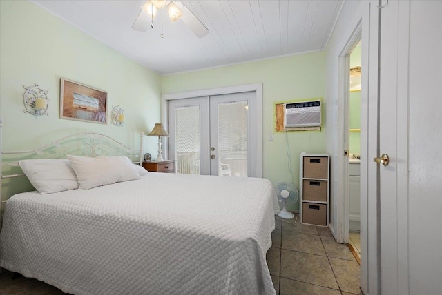 tiled bedroom featuring a wall mounted air conditioner, french doors, access to exterior, ceiling fan, and crown molding