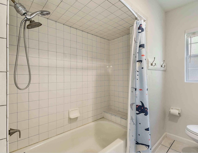 bathroom with tile patterned flooring, shower / bathtub combination with curtain, and toilet