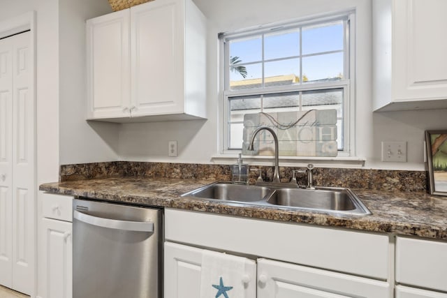 kitchen with sink, stainless steel dishwasher, and white cabinets