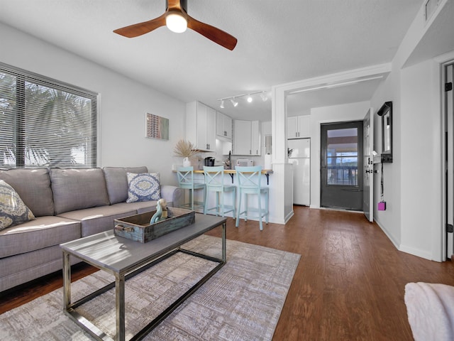 4250 S A1A Unit D33, Saint Augustine, FL 32080 - living room featuring dark wood-style flooring, a ceiling fan, and baseboards