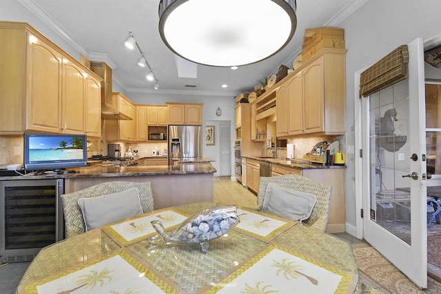 kitchen featuring crown molding, light brown cabinetry, light tile patterned flooring, stainless steel appliances, and beverage cooler