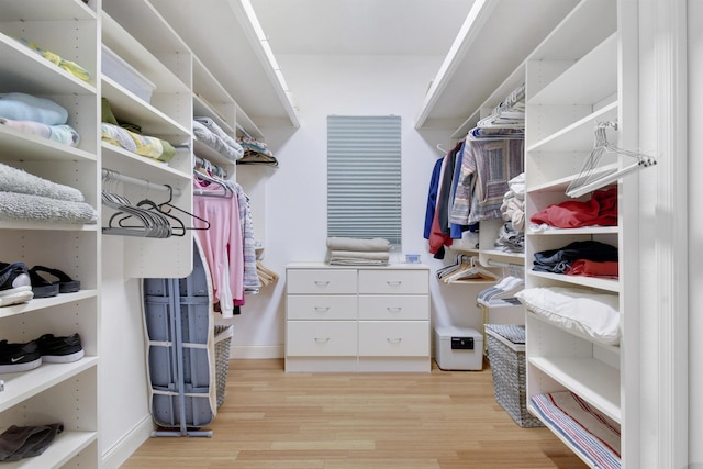 walk in closet with light hardwood / wood-style flooring