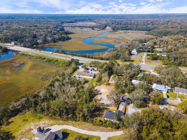 bird's eye view with a water view and a forest view