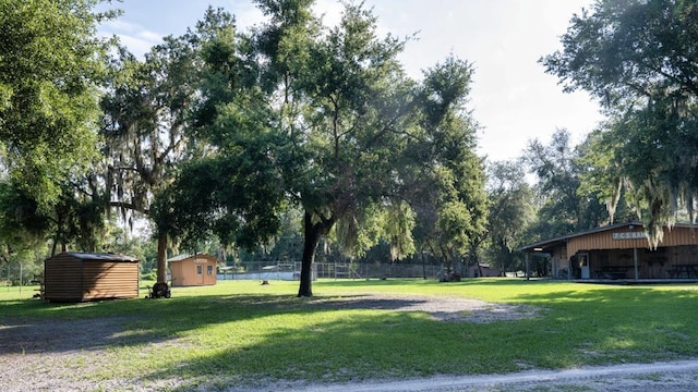 view of yard featuring a storage shed