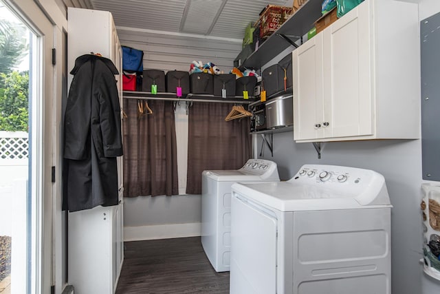 60 Saragossa St, Saint Augustine, FL 32084 - laundry room with cabinet space, baseboards, separate washer and dryer, and dark wood-type flooring