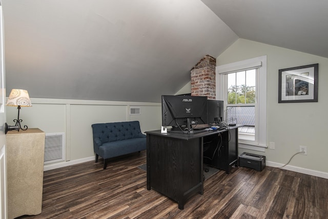 60 Saragossa St, Saint Augustine, FL 32084 - office area with lofted ceiling, dark wood-style floors, and visible vents
